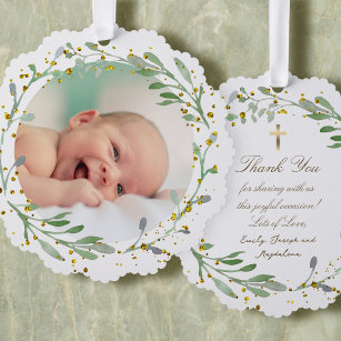 greenery faux glitter Baptism thank you  Tree Decoration Card