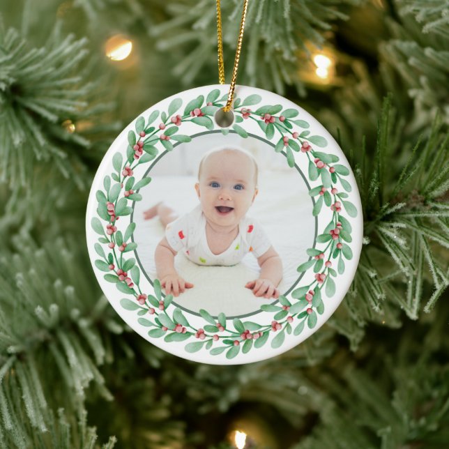 Greenery First Christmas Personalised Photo Ceramic Tree Decoration (Tree)