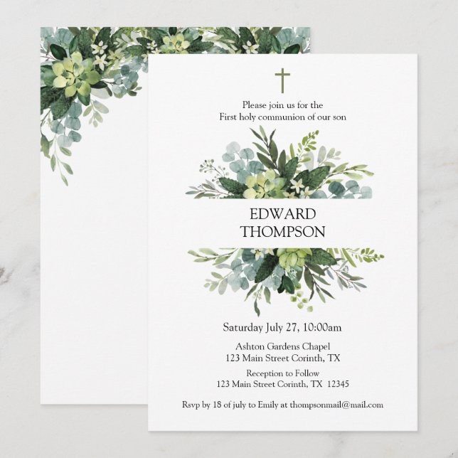Greenery First Communion Invitation (Front/Back)