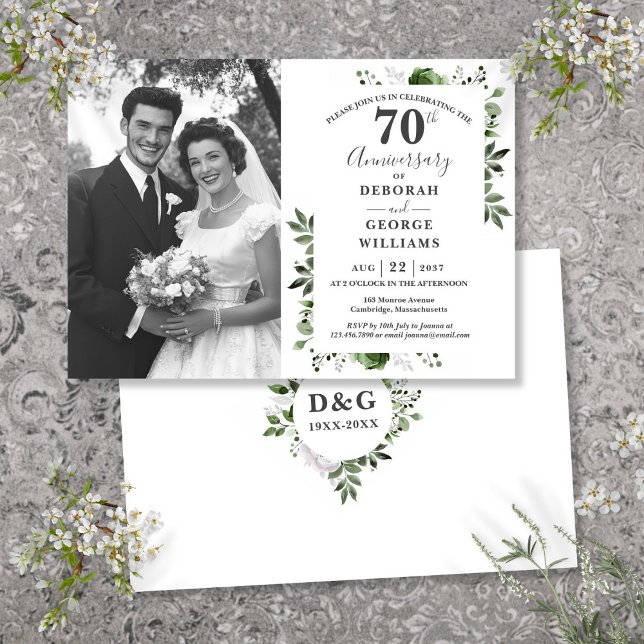 Greenery Floral 70th Wedding Anniversary Photo Invitation (Greenery Floral 70th Wedding Anniversary Photo Invitation)