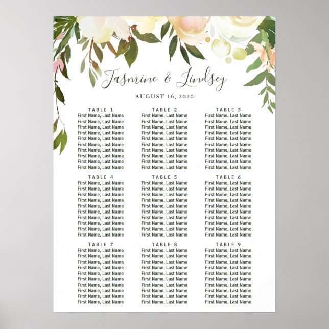 Greenery Floral 9 Tables Wedding Seating Chart (Front)