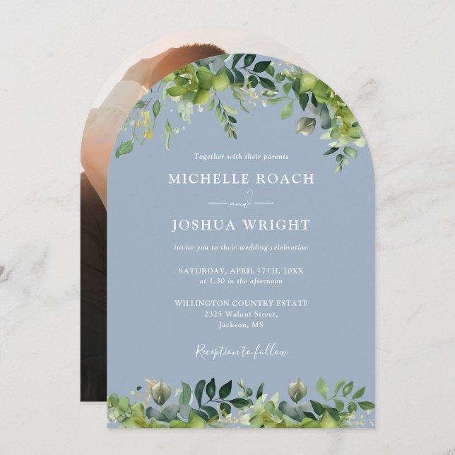 Greenery Floral Arch Dusty Blue Photo Wedding Invitation (Front/Back)