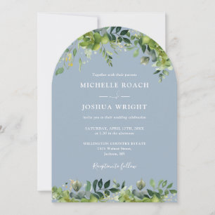 Greenery Floral Arch Dusty Blue QR Code Wedding Invitation