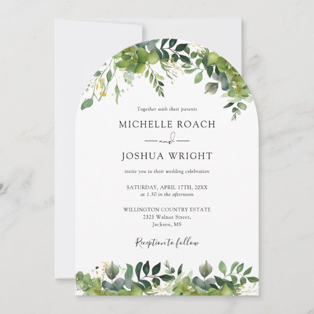 Greenery Floral Arch Elegant Monogram Wedding Invitation (Front)