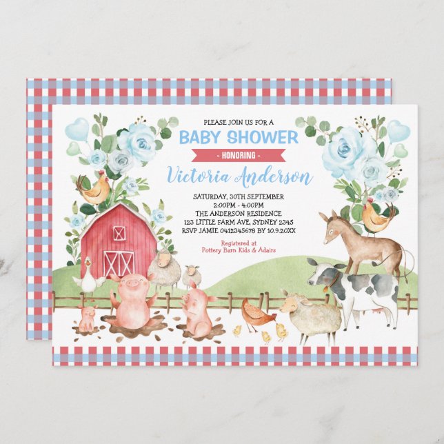 Greenery Floral Barnyard Farm Animals Baby Shower Invitation (Front/Back)