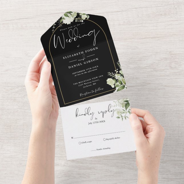 Greenery Floral Black And Gold Arch Wedding All In One Invitation (Tearaway)