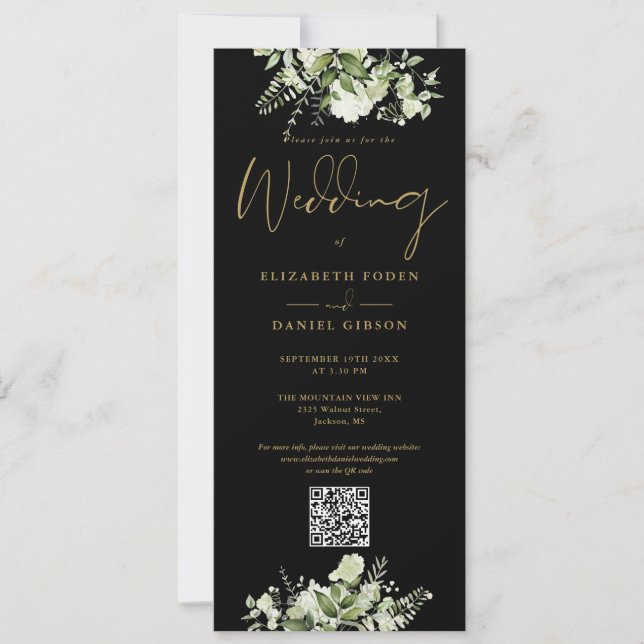 Greenery Floral Black And Gold QR Code Wedding Invitation (Front)