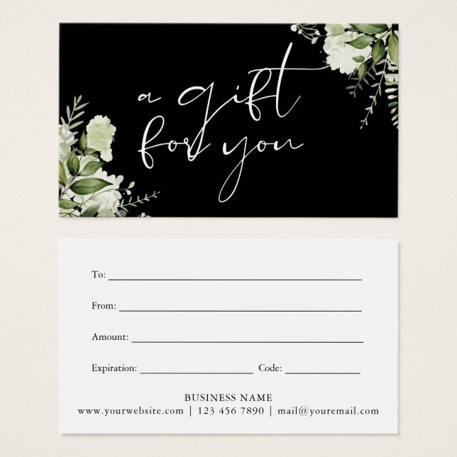 Greenery Floral Black And White Gift Certificate (Front & Back)