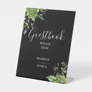 Greenery Floral Black And White Guestbook Pedestal Sign