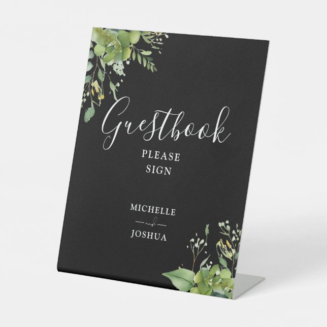 Greenery Floral Black And White Guestbook Pedestal Sign (Front)