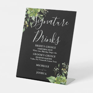 Greenery Floral Black And White Signature Drinks Pedestal Sign