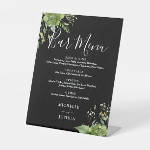 Greenery Floral Black And White Wedding Bar Menu Pedestal Sign