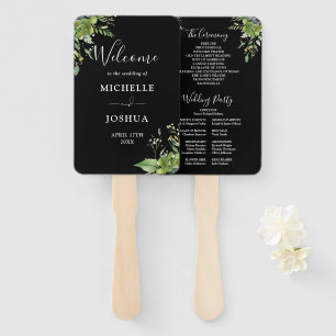 Greenery Floral Black And White Wedding Program Hand Fan