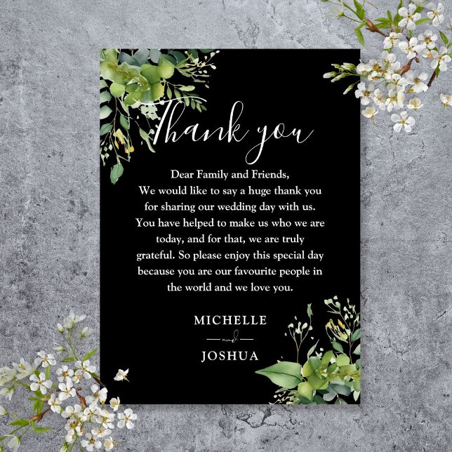 Greenery Floral Black And White Wedding Thank You Place Card (Greenery Floral Black And White Wedding Thank You Place Card)