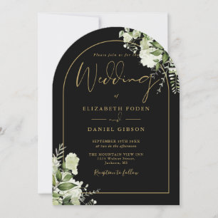 Greenery Floral Black Gold Arch Monogram Wedding Invitation