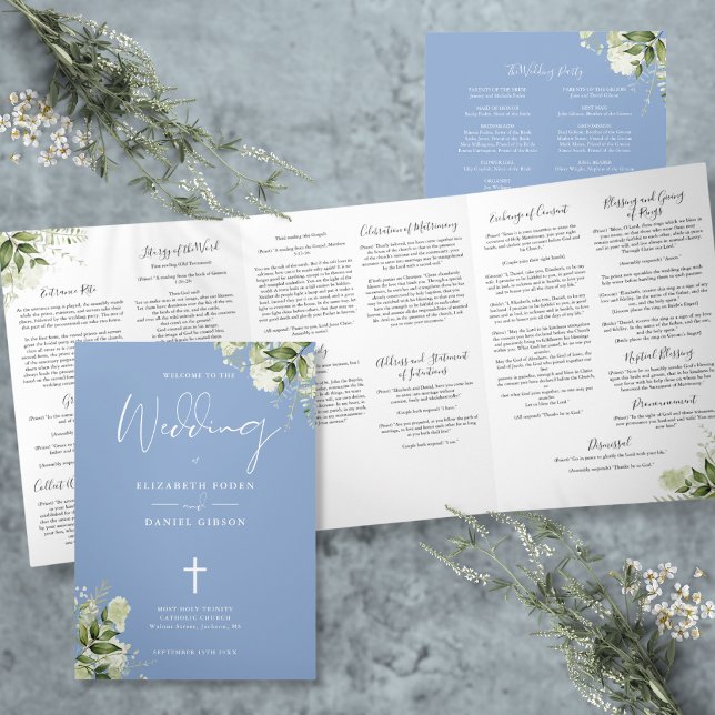 Greenery Floral Blue Catholic Wedding Mass Tri-Fold Programme (Greenery Floral Blue Catholic Wedding Mass Tri-Fold Program
)