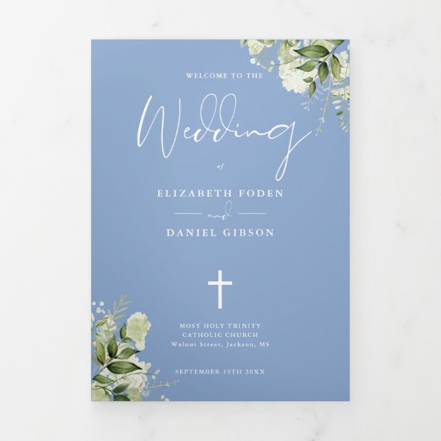 Greenery Floral Blue Catholic Wedding Mass Tri-Fold Programme (Cover)