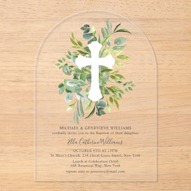 Greenery Floral Botanical Cross Baptism Acrylic Invitations (Front)