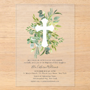 Greenery Floral Botanical Cross Baptism Acrylic Invitations