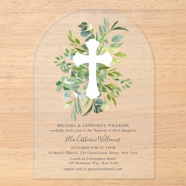Greenery Floral Botanical Cross Baptism Acrylic Invitations (Front)
