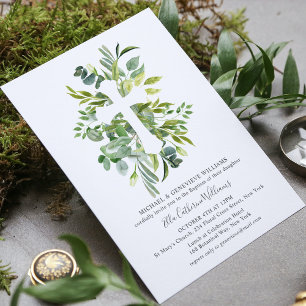Greenery Floral Botanical Cross Baptism Invitation