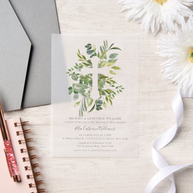 Greenery Floral Botanical Cross Baptism Vellum Invitations (Wedding)