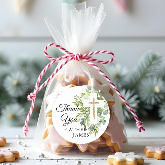 Greenery Floral Botanical Cross Elegant Baptism Classic Round Sticker (Creator Uploaded)