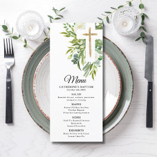 Greenery Floral Botanical Cross Elegant Baptism Menu