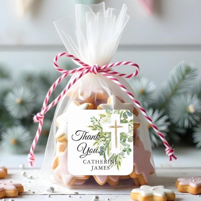 Greenery Floral Botanical Cross Elegant Baptism Square Sticker (Creator Uploaded)