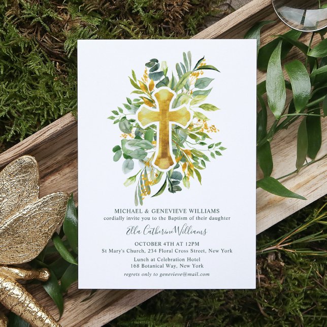 Greenery Floral Botanical Gold Cross Baptism Invitation (Creator Uploaded)