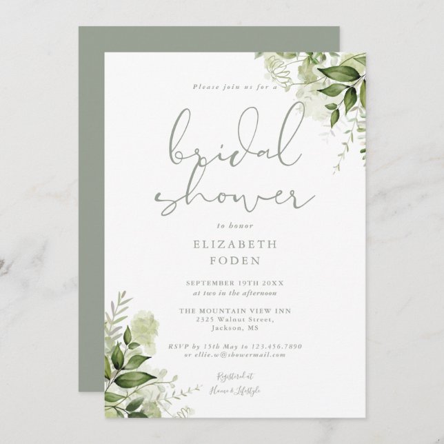 Greenery Floral Bridal Shower Sage Green Invitation (Front/Back)