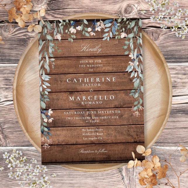 Greenery Floral Cascade Rustic Wood Wedding Invitation (Greenery Floral Cascade Rustic Wood Wedding Invitation)