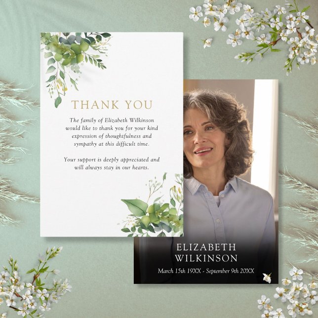 Greenery Floral Celebration Of Life Funeral Photo Thank You Card (Greenery Floral Celebration Of Life Funeral Photo Thank You Card)