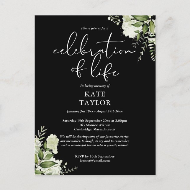 Greenery Floral Celebration of Life Memorial Announcement Postcard (Front)