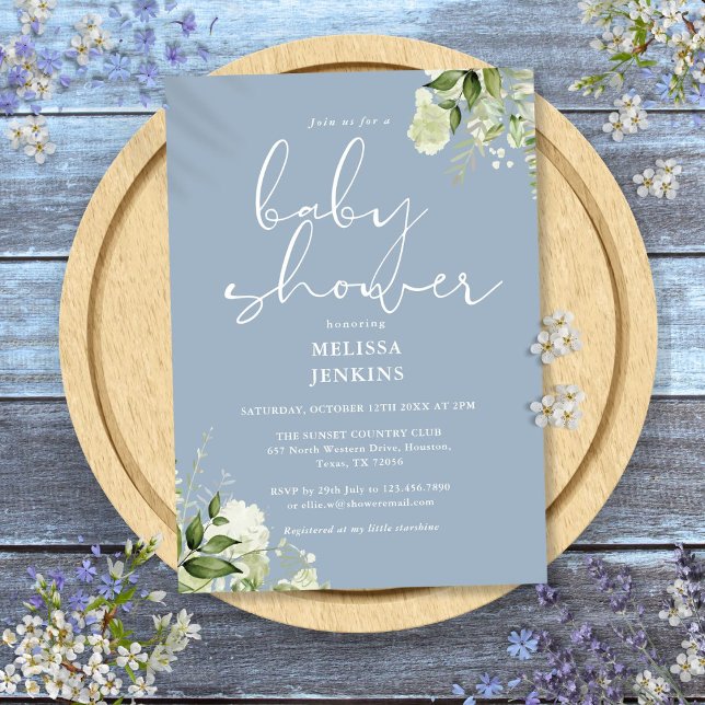 Greenery Floral Dusty Blue Boy Baby Shower Invitation (Greenery Floral Dusty Blue Boy Baby Shower Invitation)