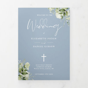 Greenery Floral Dusty Blue Catholic Wedding Mass Tri-Fold Programme