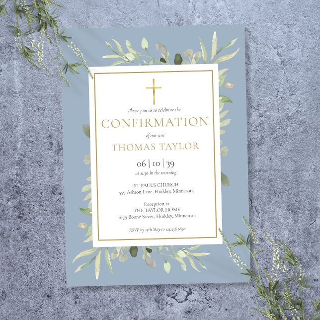 Greenery Floral Dusty Blue Confirmation Invitation (Greenery Floral Dusty Blue Confirmation Invitation)
