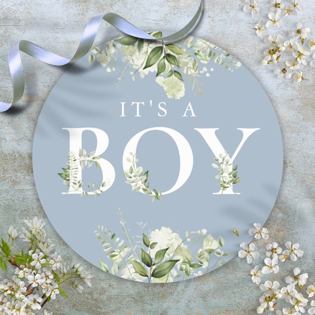Greenery Floral Dusty Blue Its A Boy Baby Shower Classic Round Sticker (Greenery Floral Dusty Blue Its A Boy Baby Shower Classic Round Sticker)