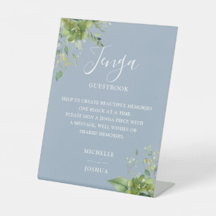 Greenery Floral Dusty Blue Jenga Wedding Guestbook Pedestal Sign