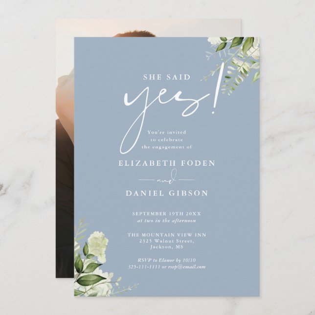 Greenery Floral Dusty Blue Photo Engagement Party Invitation (Front/Back)