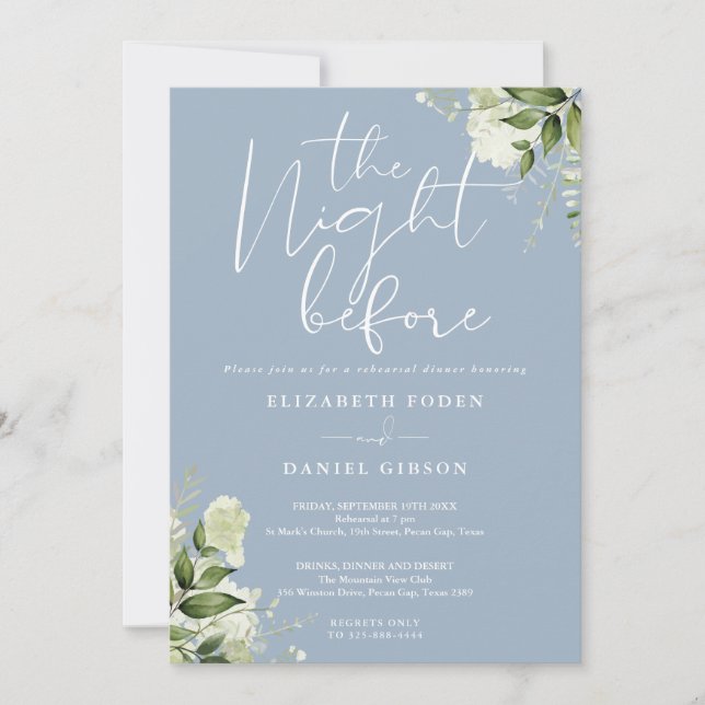 Greenery Floral Dusty Blue Rehearsal Dinner Invitation (Front)