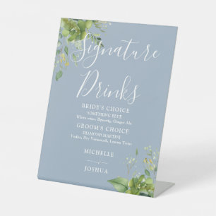 Greenery Floral Dusty Blue Signature Drinks Pedestal Sign