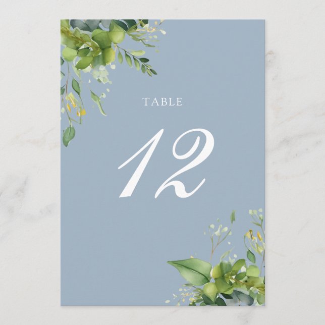 Greenery Floral Dusty Blue Table Number (Front)