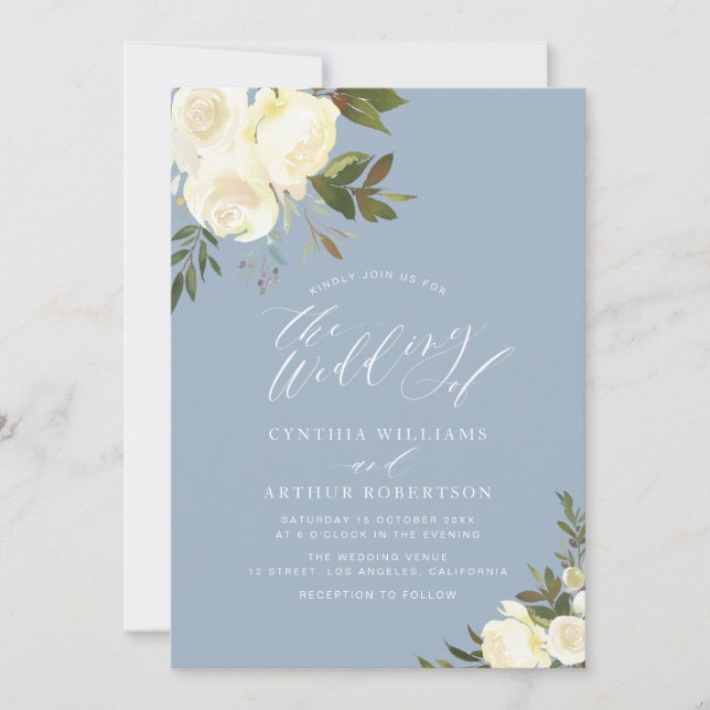 greenery floral dusty blue wedding invitation (Front)