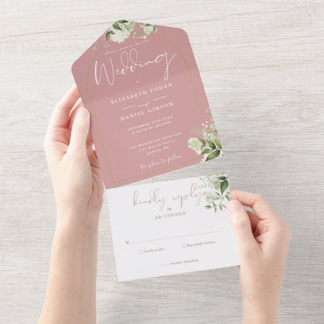 Greenery Floral Dusty Rose And Gold Arch Wedding All In One Invitation (Tearaway)
