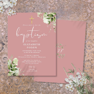 Greenery Floral Dusty Rose Pink Baptism Invitation Postcard