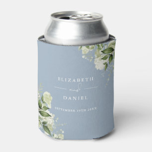 Greenery Floral Elegant Dusty Blue Wedding Can Cooler