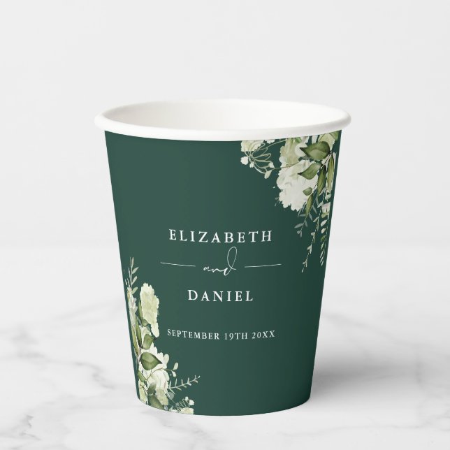 Greenery Floral Elegant Emerald Wedding Paper Cups (Front)