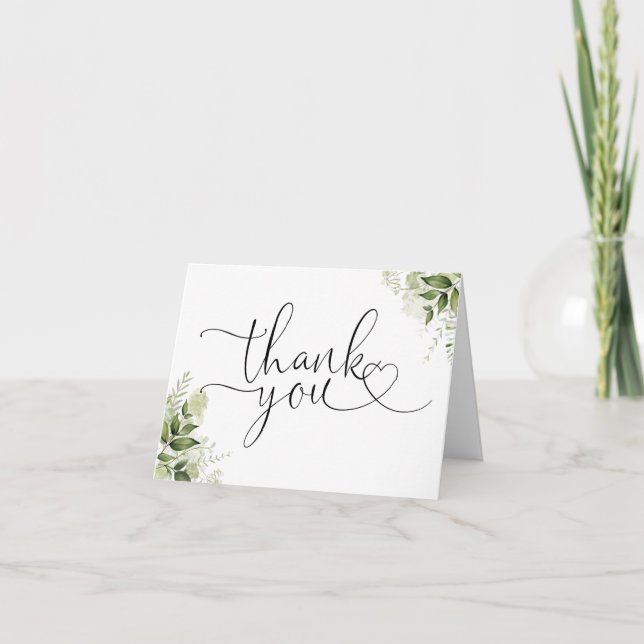 Greenery Floral Elegant Heart Script Thank You Card (Front)