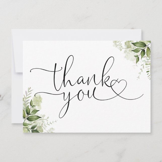 Greenery Floral Elegant Heart Script Thank You Card (Front)